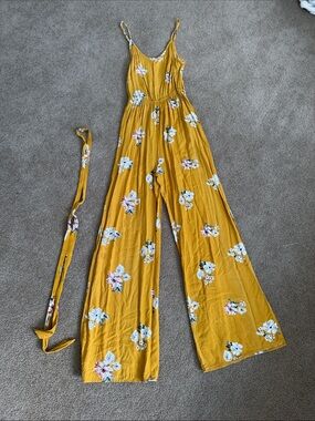 SWS Floral Mustard Wide Split Leg Jumpsuit with Removable Belt - size small